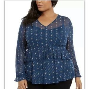 Style & Co Plus Popover Print Blouse Top Sz 1X Ruffle Tie Waist Blue Cami Lined